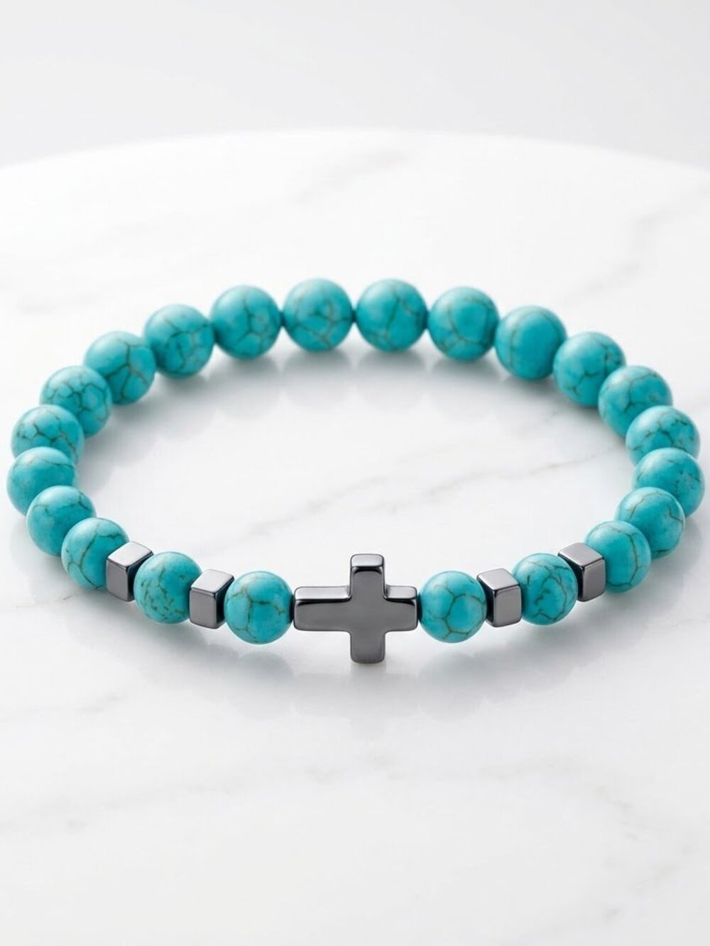 Turquoise Tone Beaded Cross Bracelet Boho Western Coastal Grunge Y2K Faith